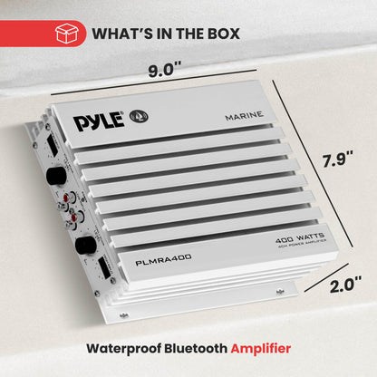 Pyle Hydra Marine Amplifier - Upgraded Elite Series 400 Watt 4 Channel Audio Amplifier, Waterproof, 12 volt, Dual MOSFET Power Supply, GAIN Level Controls, RCA Stereo Input & LED Indicator - PLMRA400