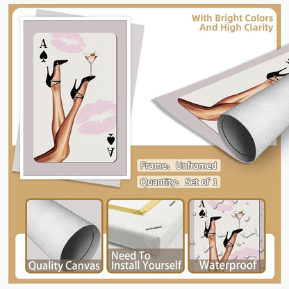 LRCYBMN 24X36 Trendy Pink Playing Card Print Wall Art Posters Retro Ace Of Spades Print Black Heels Poster Bar Cart