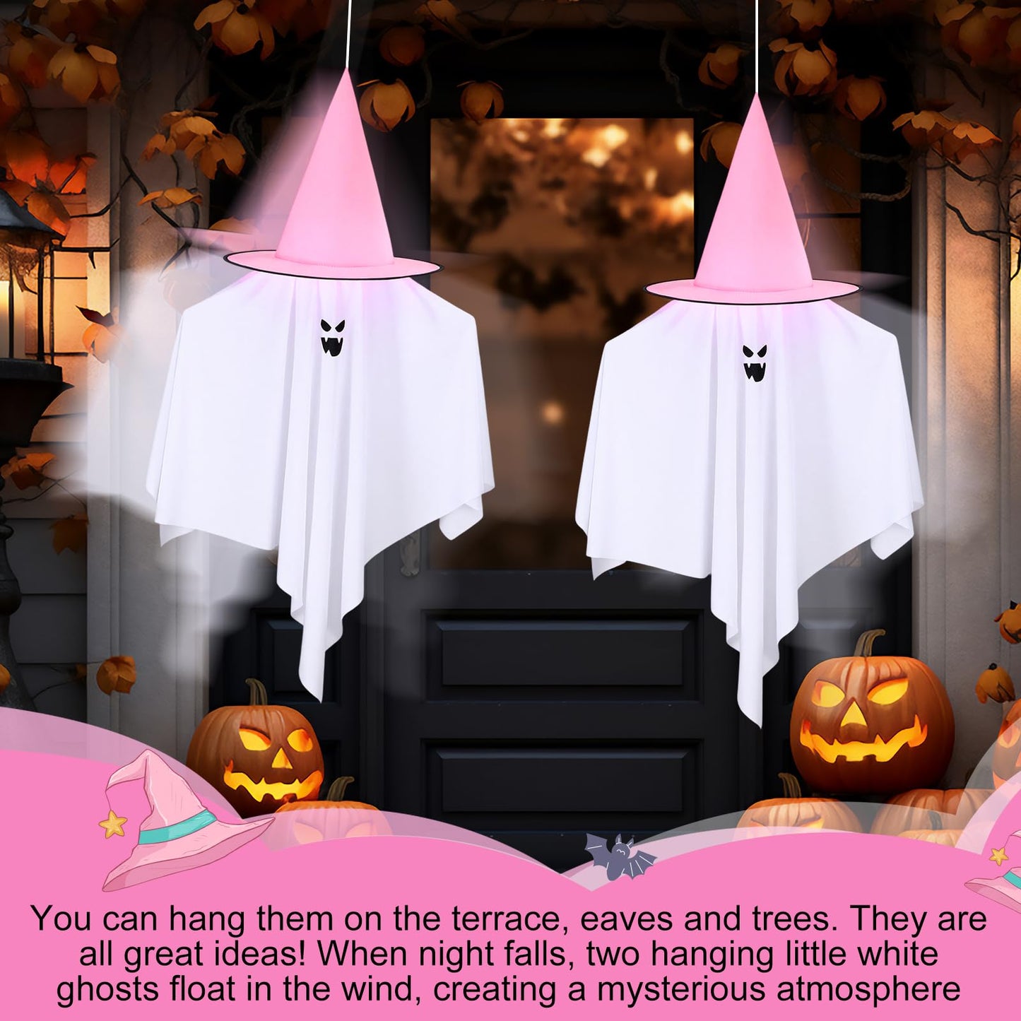 Soulchen 67 Pcs Pink Halloween Decorations Hanging Set 12 Pink Halloween Witch Hats Hanging Scary Ghosts Decor 48 Spooky Bats Wall Stickers 108 ft Rope for Home Front Door Party Ceiling Yard Indoor