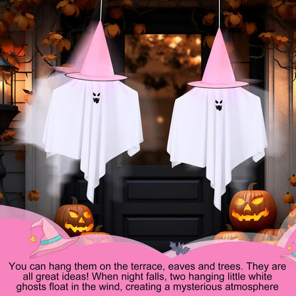 Soulchen 67 Pcs Pink Halloween Decorations Hanging Set 12 Pink Halloween Witch Hats Hanging Scary Ghosts Decor 48 Spooky Bats Wall Stickers 108 ft Rope for Home Front Door Party Ceiling Yard Indoor