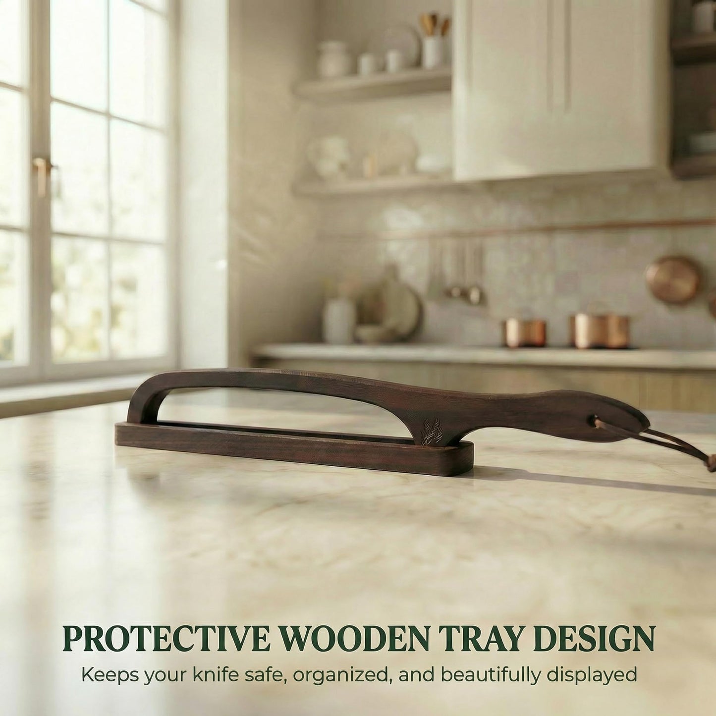 BreeziiDesign Bread Knife with Wooden Tray, 16.5" Serrated Sourdough Bread Knife, Premium Bow Bread Slicer for Homemade Bread, Bagels & Loaf, Stainless Steel Cutter (Black Walnut, Wide-Spacing)