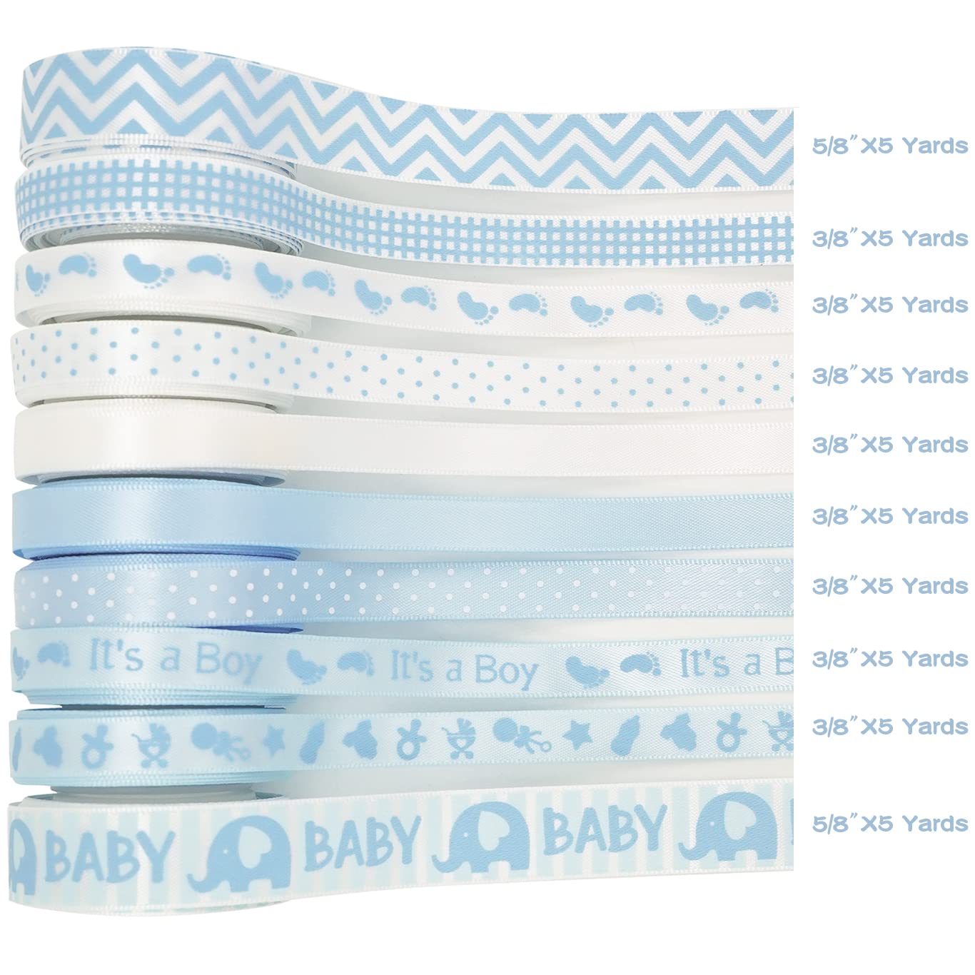 HUIHUANG Baby Blue Ribbon for Baby Shower Its A Boy Blue Ribbons Assorted Foot Print Elephant Satin Ribbon for Gift Wrapping Crafts Diaper Cake Baby Shower Birthday Favor-5 Yards Each Total 50 Yards