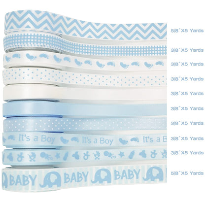 HUIHUANG Baby Blue Ribbon for Baby Shower Its A Boy Blue Ribbons Assorted Foot Print Elephant Satin Ribbon for Gift Wrapping Crafts Diaper Cake Baby Shower Birthday Favor-5 Yards Each Total 50 Yards