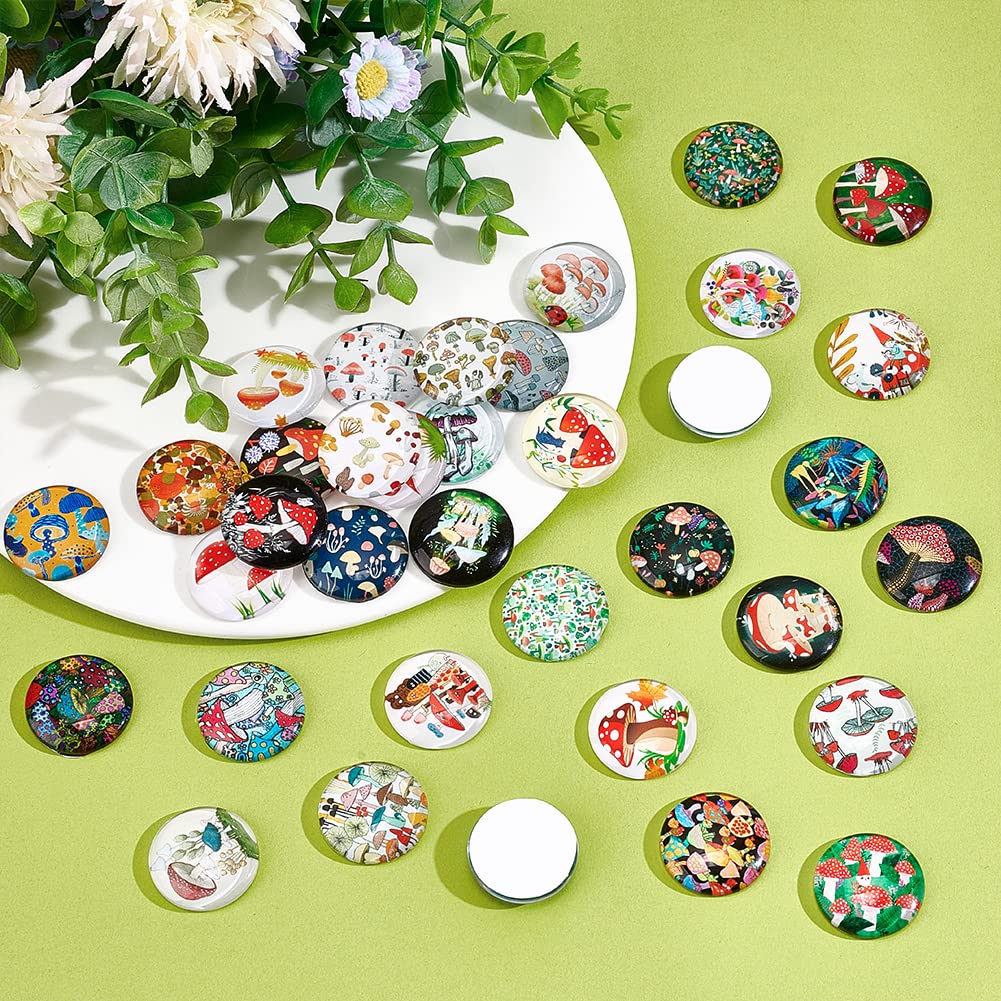 PH PandaHall 25mm Mushroom Glass Cabochons 50 Styles Half Round Tiles Glass Cabochons Dome Gems for Photo Cameo Pendant Jewelry Making Handcrafts Scrapbooking