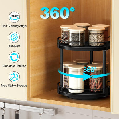 Snughome Lazy Susan Spice Rack, 2 Tier Rotating Spice Rack, Wood Lazy Susan Organizer for Cabinet, Black Kitchen Counter Shelf, 10.2" x 10.2" x 10.4"