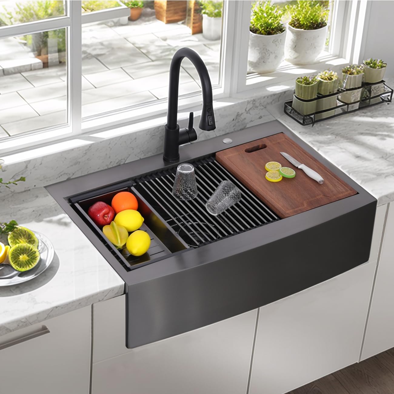 VC CUCINE 33x22 Inch Drop In Gunmetal Black Farmhouse Sink, 16 Gauge Stainless Steel Single Bowl Apron Front Workstation Farm Sink With Accessories