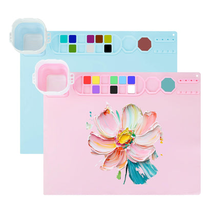MEKOTRIN 2PCS Silicone Painting Mat, 20"X16" Art Mat with Cup and Palettes, Silicone Craft Mat has 16 Color Dividers, Paint Mat for Artist Clay DIY Creations(Pink+Blue)