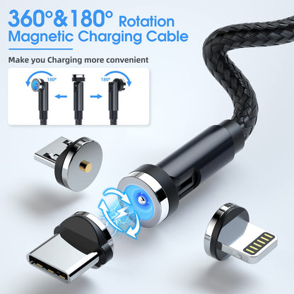 7-Pack 1.6FT/3FT/3FT/3FT/6FT/6FT/10FT 540 Rotating Magnetic Phone Charger 3 in 1 Magnetic Cable Nylon Braided USB Charger Cable for Micro USB/Type C/iProduct Device - Black
