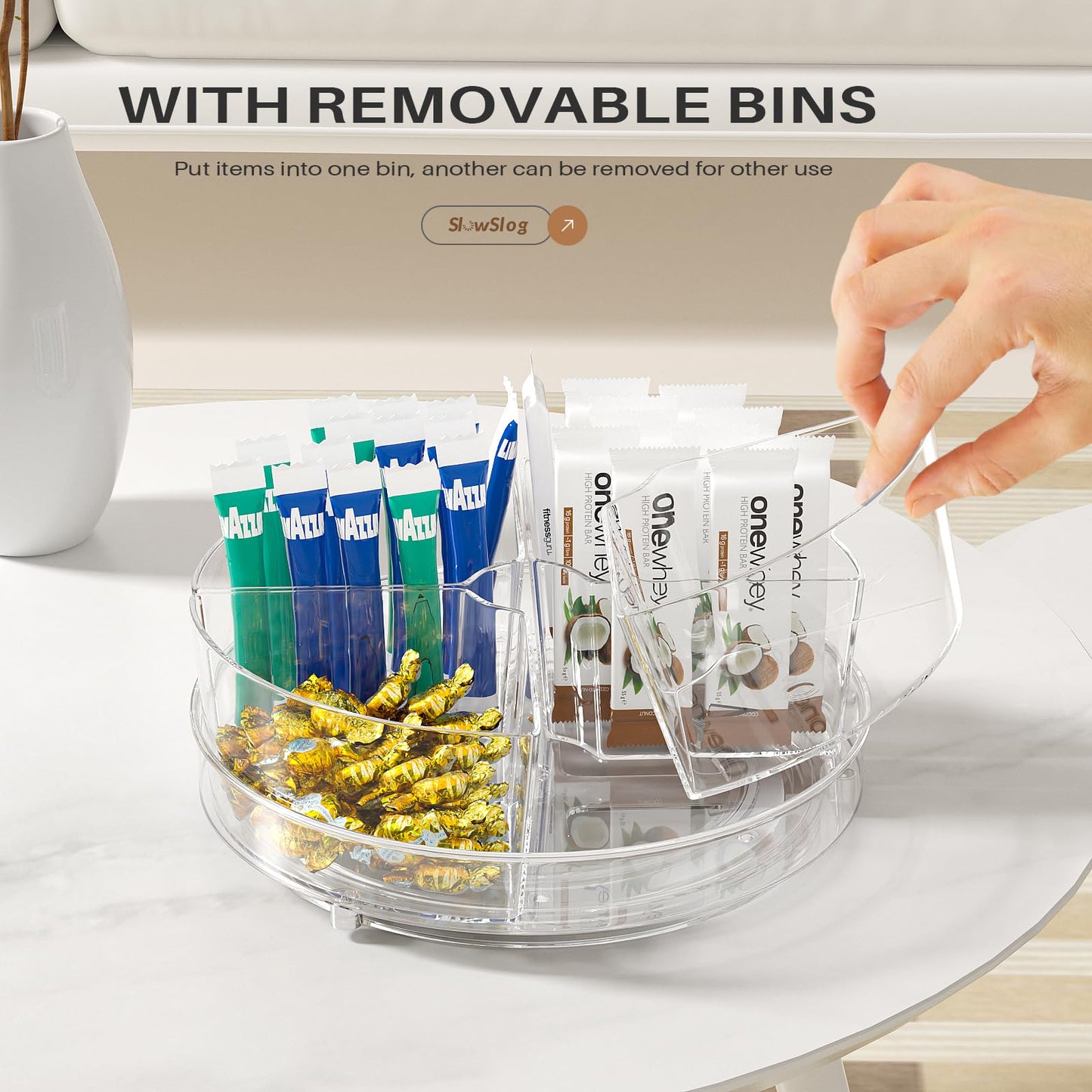 Slow Slog Lazy Susan Organizer, 9 inch Rotating Storage Organizer with 4 Removable-Bins,Turntable Organizer for Fridge, Kitchen, Vanity, Cabinet