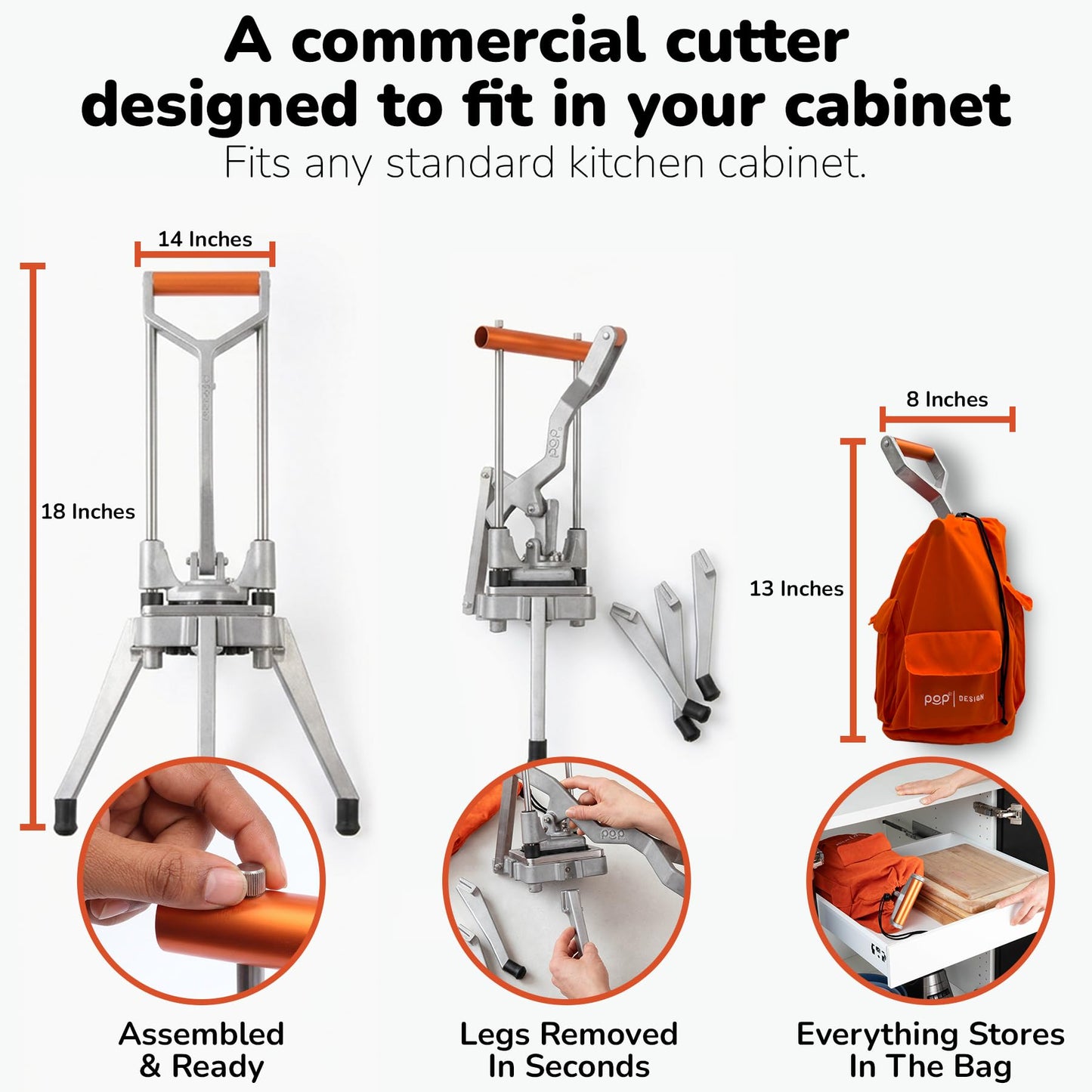 Commercial Grade French Fry Cutter, Sweet Potato & Yam Capable, Removable Legs and Case for Compact Storage, 3 Blade Sizes (1/4"- 3/8"- 6-Wedge), Potato, Fruit and Vegetable Slicer & Dicer by POP