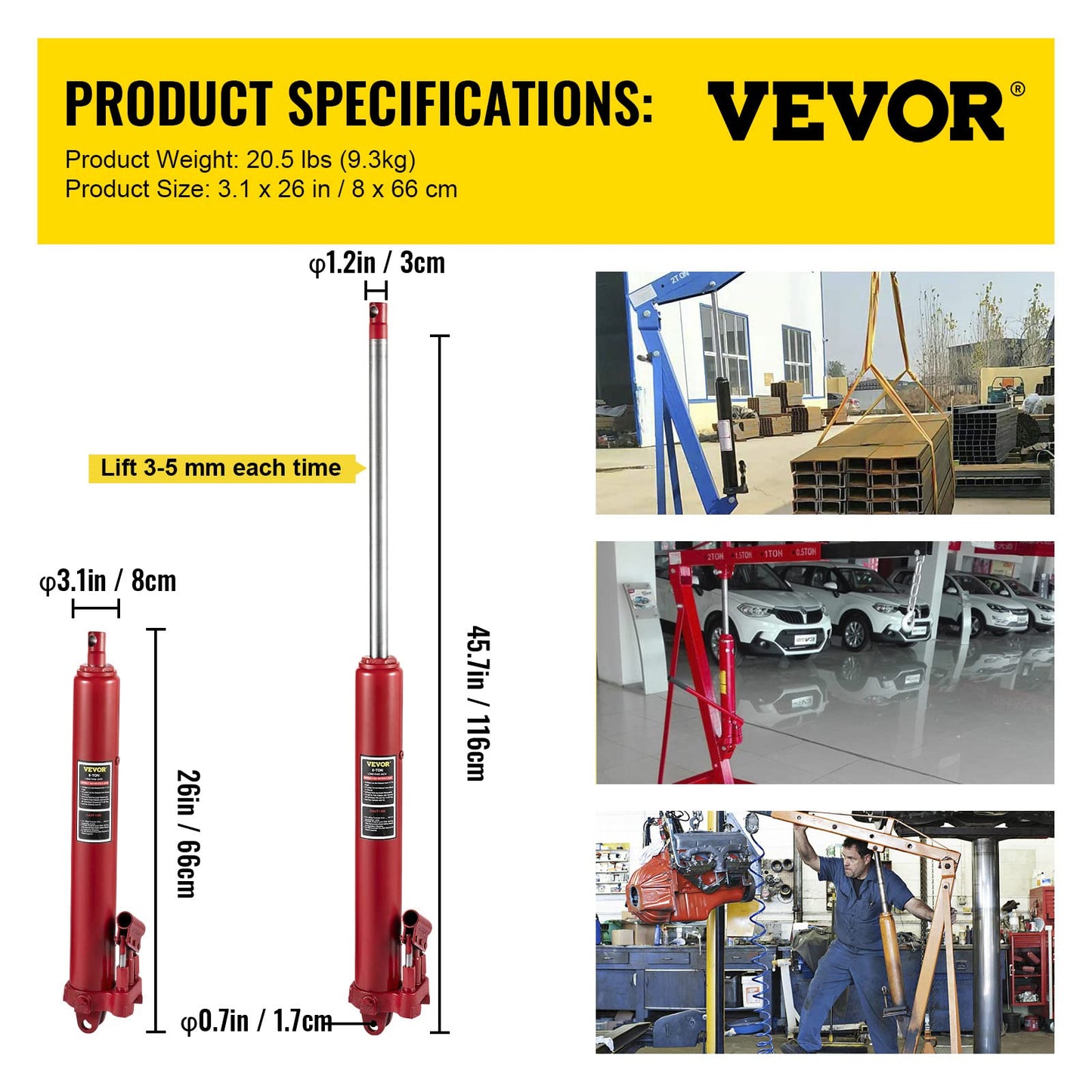VEVOR Hydraulic Long Ram Jack, 8 Tons/17636 lbs Capacity, with Dual Piston Pump and Clevis Base, Manual Cherry Picker w/Handle, for Garage/Shop Cranes, Engine Lift Hoist, Red