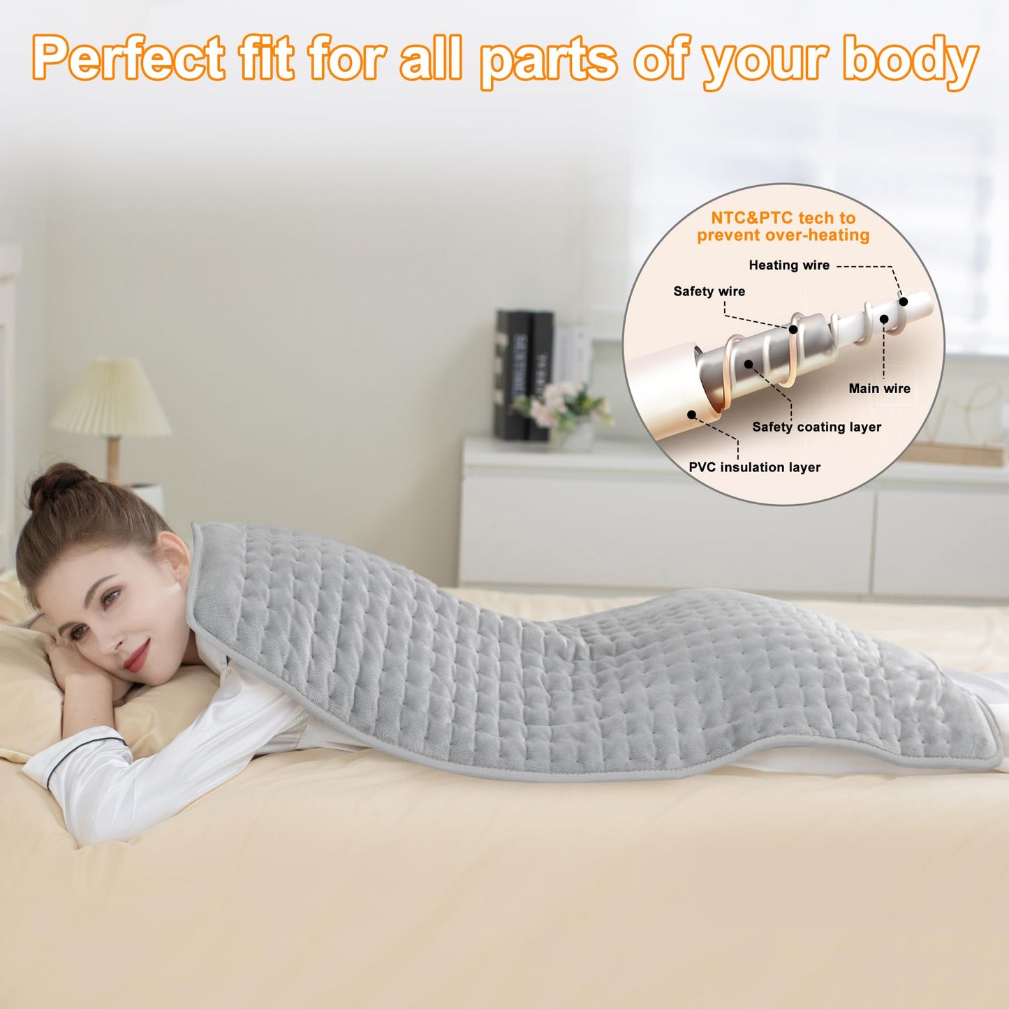 Heating Pad,Electric Heating Pads for Back,Neck,Abdomen,Moist Heating Pad for Shoulder,Knee,Arms,Legs,Dry/Moist Heat & Auto Shut Off,Birthday Gifts for Men and Women(Light Gray, 24''×12'')