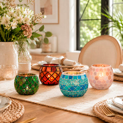 Votive Candle Holder Tea Lights - Glass Candle Holders, Mosaic Tealight Candle Holder, Candle Jar Cup for Wedding Centerpiece Party Table Decorations, Valentines Day Decor