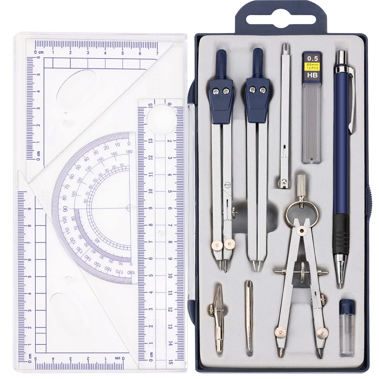 13 Pieces Geometry Set Compass Geometry Tools Math Compass and Protractors Metal Precision Drafting Kit with Storage Box Rulers Pencils Technical Drawing, Engineering & Architecture