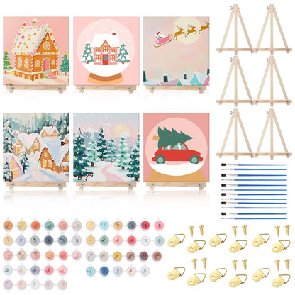 YooNotee 12 Pack Valentine's Day Paint by Numbers Kit - 8 x 8 Inches Pink Themed DIY Canvas with Wooden Display Easel, Brushes and Paints 6 Designs for Adults Family Holiday Decor