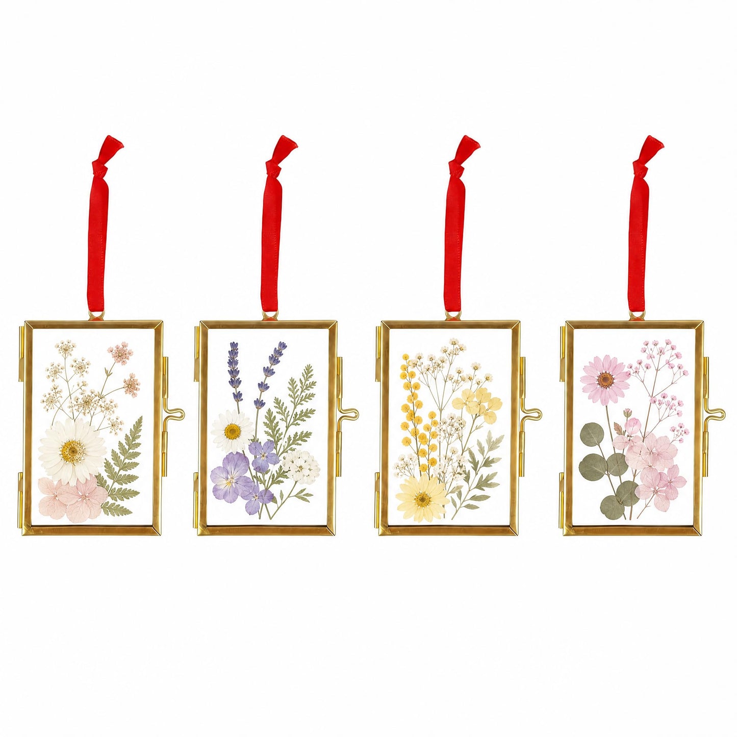 Pressed Flower Frames with Tweezers,Wall Hanging Double Glass Frames 2x3 with Red Ribbon for Dried Flowers Plants,Floating Photo Frame for Display Gallery Artwork, Horizontal Vertical,Golden, 4 Pack