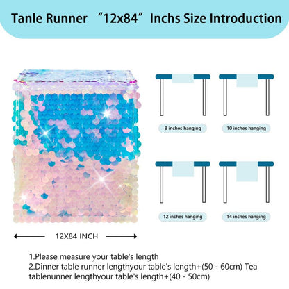 VHH Mermaid Party Table Runner, 12 x 84 inches Sequin Table Runners , Glitter Holographic Mermaid Tail Colorful Sequin Table Cover for Ocean Birthday Party (6 Pack).