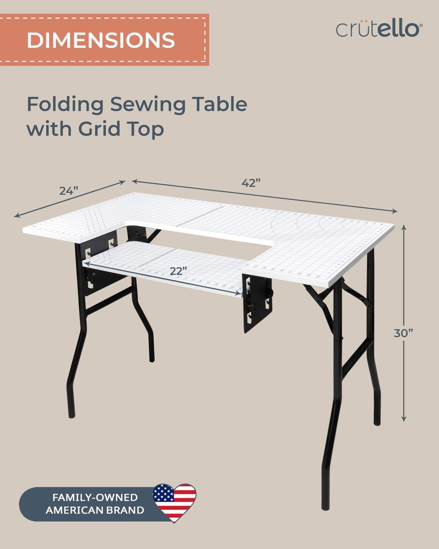 Crutello Folding Sewing Table and Craft Table for Adults - 42x24 inch Grid Top Crafting Desk for Fabric Cutting & Crafts - Steel Folding Storage Legs & Drop Down Sewing Machine Platform