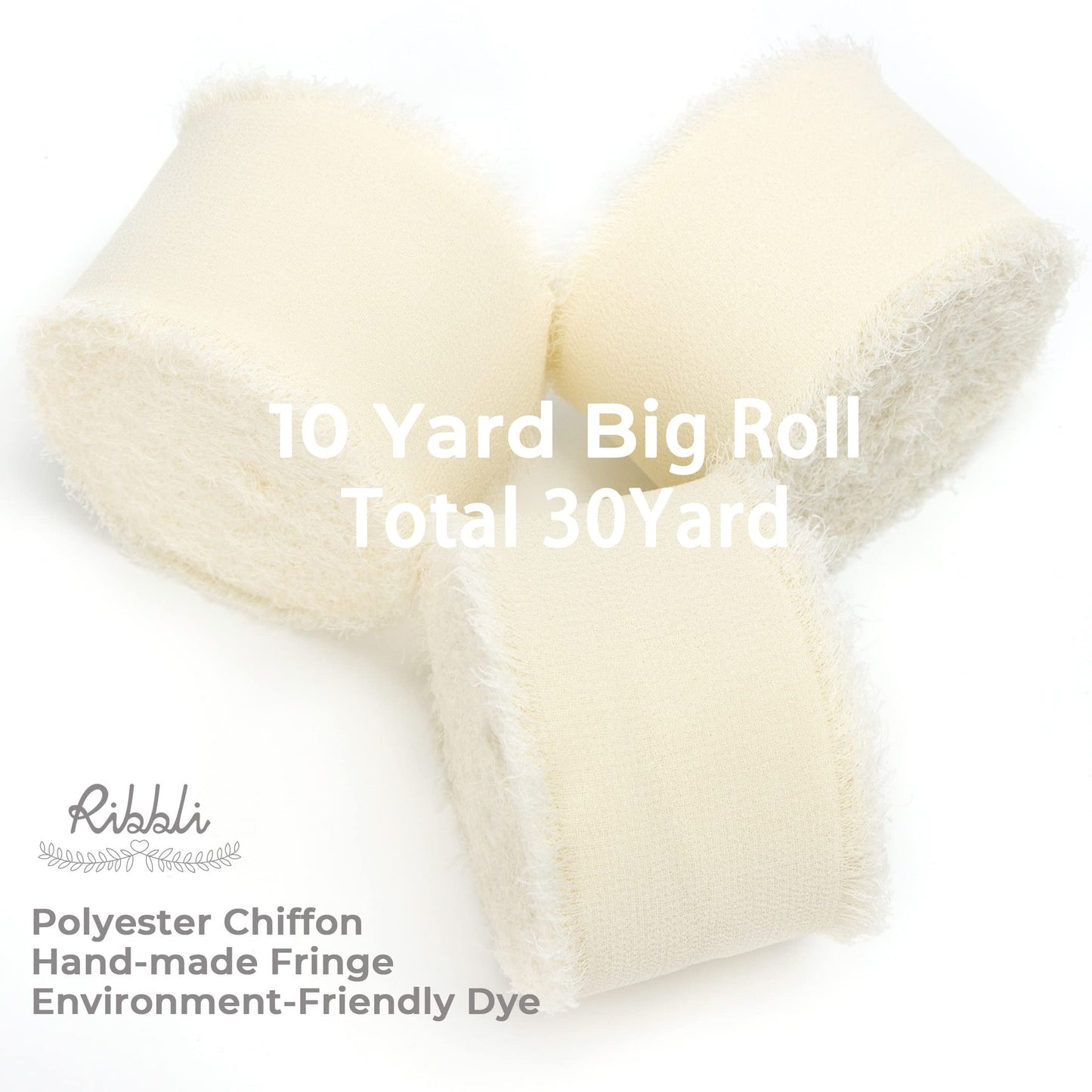 Ribbli Ivory Chiffon Ribbon 1-1/2 inch x 30 Yard Handmade Fringe Chiffon Ivory Silk Ribbon,Cream Ribbon for Wedding Invitations, Bridal Bouquets Wrapping, Flower Arrangement Decoration