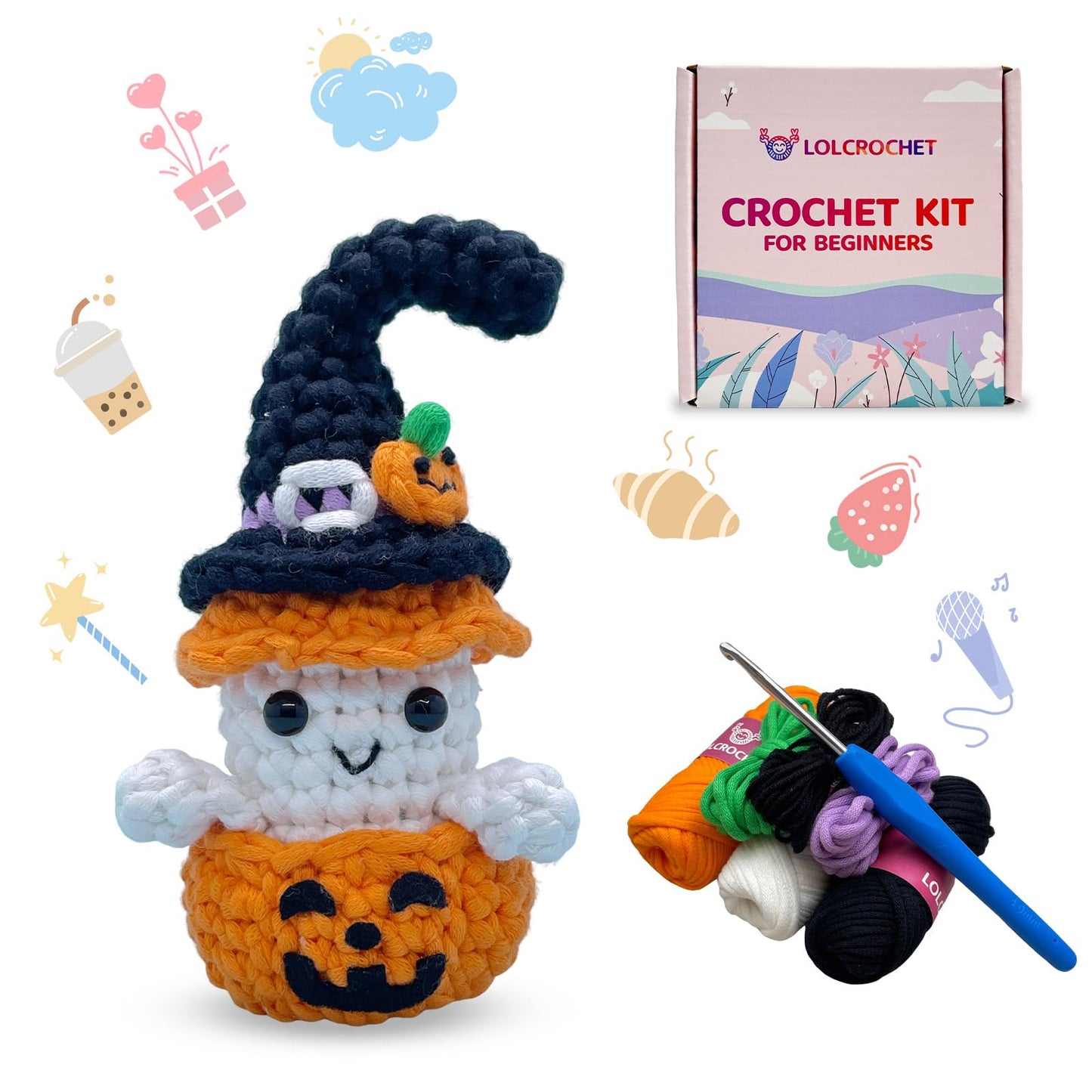 Halloween Pumpkin Ghost Crochet Kit for Beginners, Learn to Crochet Starter Set with Video Tutorial & Crocheting Manual, Easy Yarn Knitting Project for Adult & Kid 12+, DIY Stuffed Doll Gift Idea