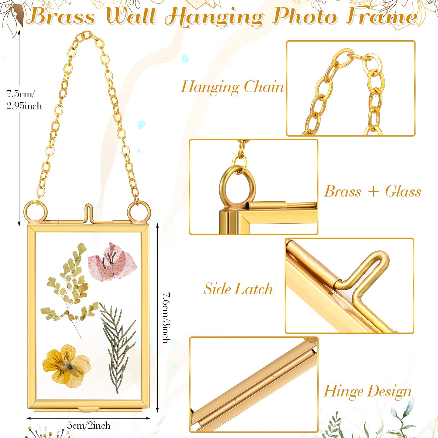 Reginary 8 Pcs 2 x 3 Inch Glass Frame for Pressed Flowers Mini Hanging Double Brass Frame Floating Glass Photo Picture Frame with Chain for Artwork Art Specimen Wall Plant DIY Decor(Gold)