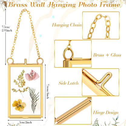 Reginary 8 Pcs 2 x 3 Inch Glass Frame for Pressed Flowers Mini Hanging Double Brass Frame Floating Glass Photo Picture Frame with Chain for Artwork Art Specimen Wall Plant DIY Decor(Gold)