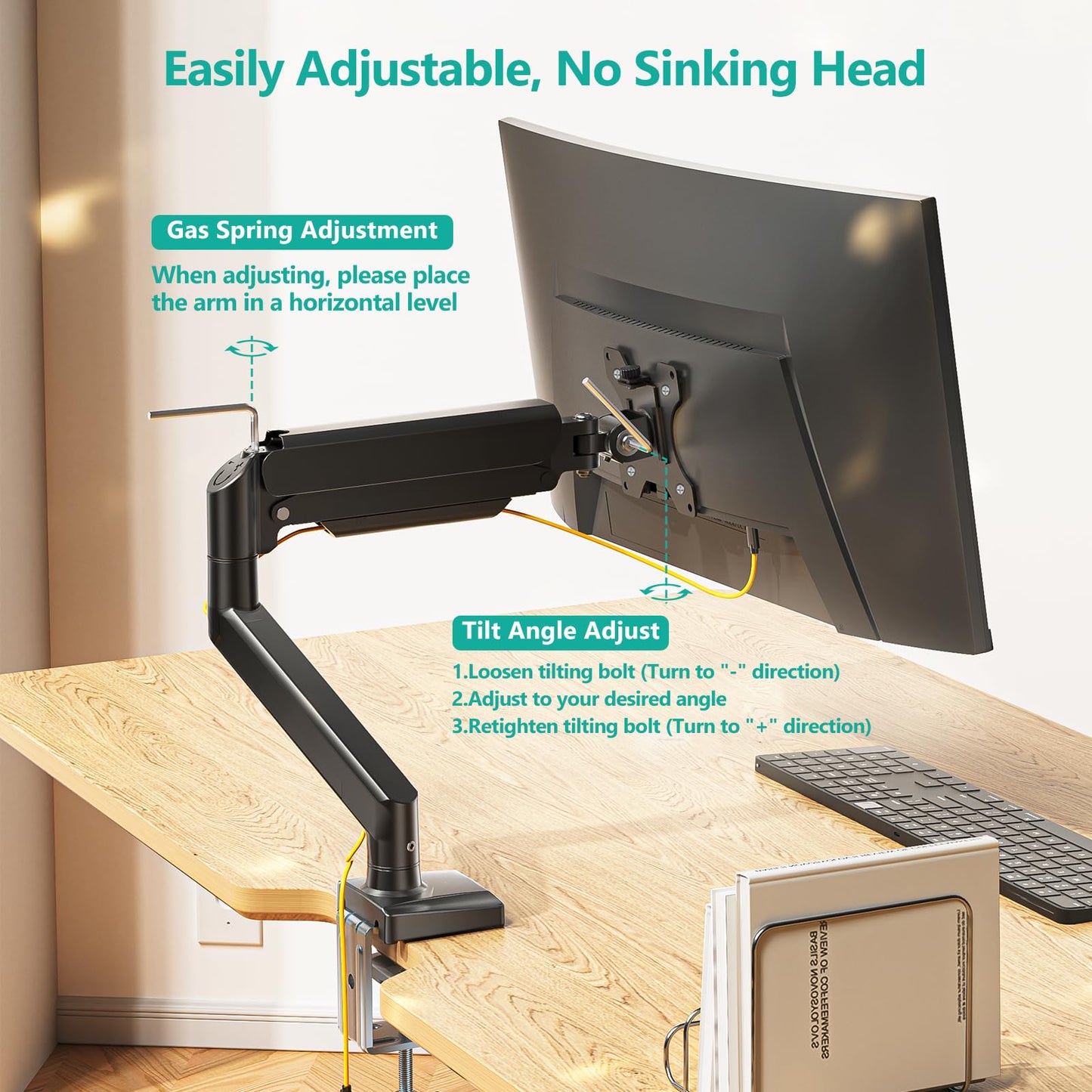 WALI Single Monitor Mount, Gas Spring Monitor Arm for 17-34 inch Screens, Adjustable Computer Monitors Stand up to 26.4lbs, with Clamp and Grommet Base, Mounting Holes 75 and 100mm (GSMP001N), Black