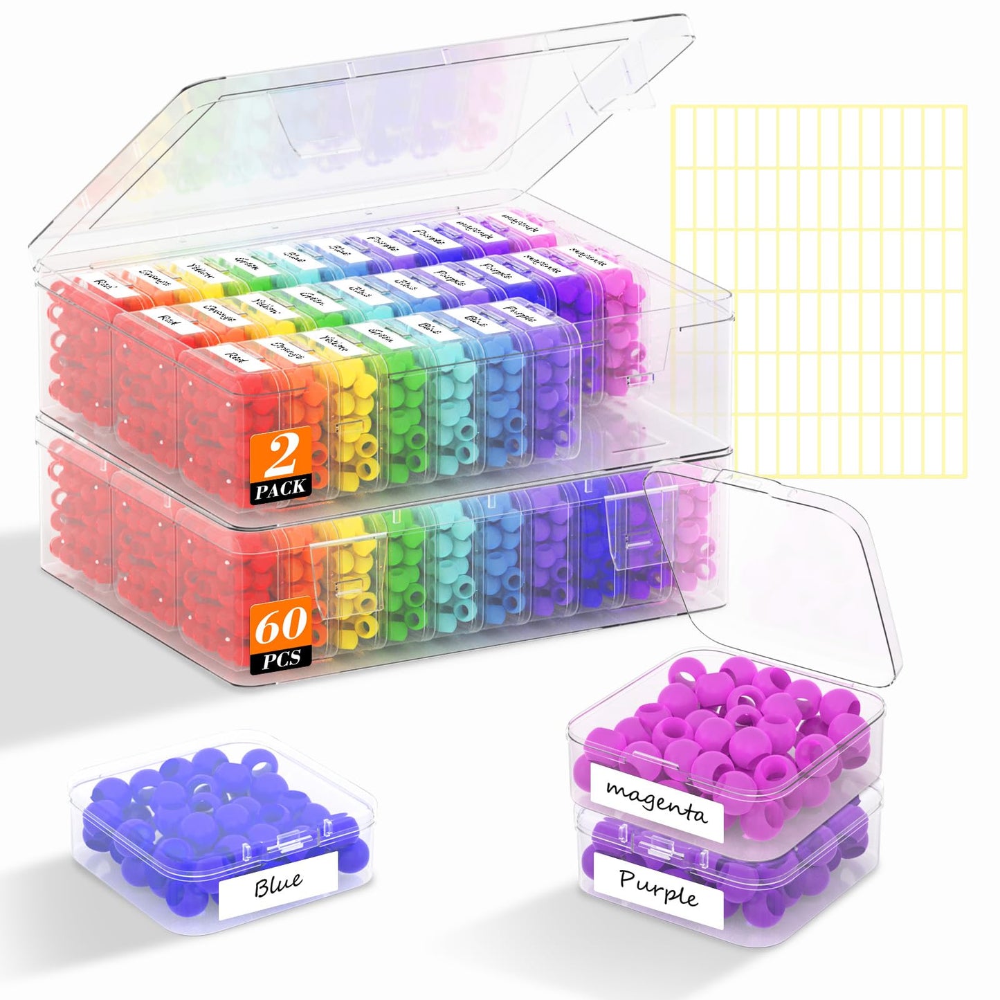 Profasion 2 Pack 60 Pcs Bead Organizer Box, Clear Plastic Storage Containers Features Hinged Lid and Labels, Craft Storage Box for Jewelry, Diamonds, Clay Beads, Bracelets, Screws, Seeds, Small Parts