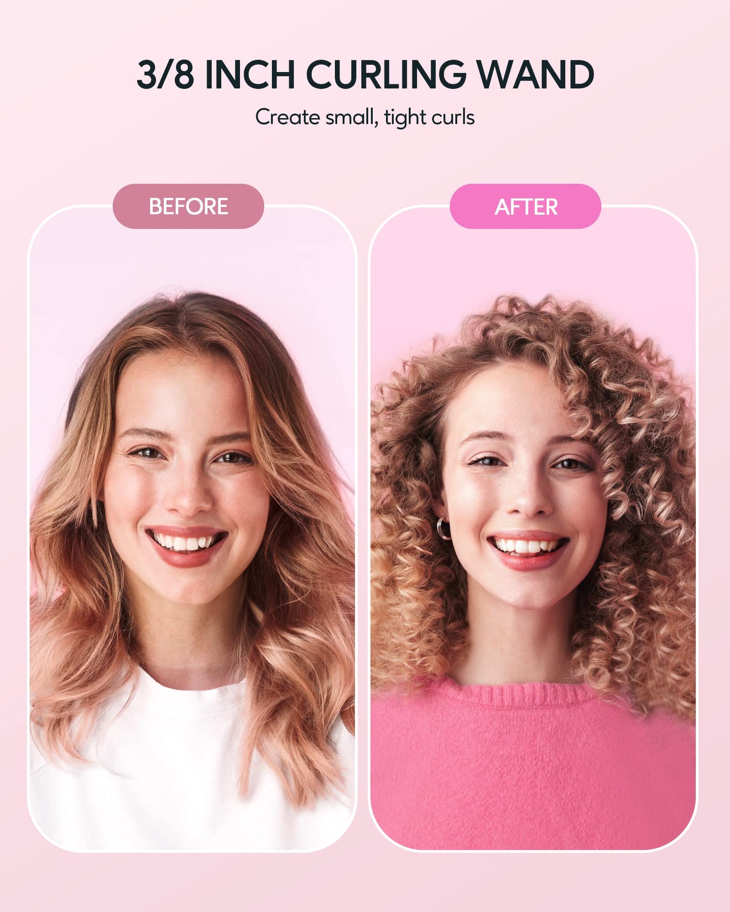 Wavytalk 3/8 Inch Small Curling Iron Wand for Short & Long Hair, Ceramic Barrel with Adjustable Temperature, Heat Resistant Glove Included (Rose Pink)