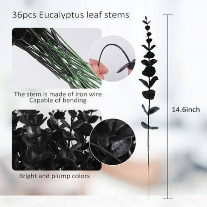 RECUTMS 36Pcs Black Eucalyptus Leaves Stems Artificial Eucalyptuses Leaf Branches for Halloween Picks Autumn Fall Floral Arrangement Wedding Centerpiece Flower Bouquet Home Office Decoration