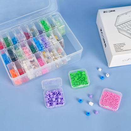 ZOQINI Bead Organizer and Storage Box, 30Pcs Small Clear Plastic Storage Containers 1 Large Craft Organizer Box 1 Sheet Label Sticker, Mini Storage Box for Jewelry Making Diamonds Arts Screws Seeds