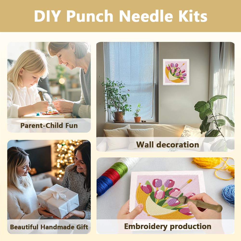 DOODLREAM Tulips Flower Punch Needle Kit for Beginner, 9.4"x 9.4" Umbrellas Punch Stitching Craft Set, DIY Embroidery Starter with Printed Frame, Instruction, Threader, Yarn, Pinch Needle