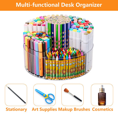 Flytreal Acrylic Pen Marker Organizer for Desk, 360-Degree Rotating Pencil Holder Crayon Art Supplies Storage Organizer, 6 Slots Clear Large Capcaity Spinning Caddy for Home Office School Kids