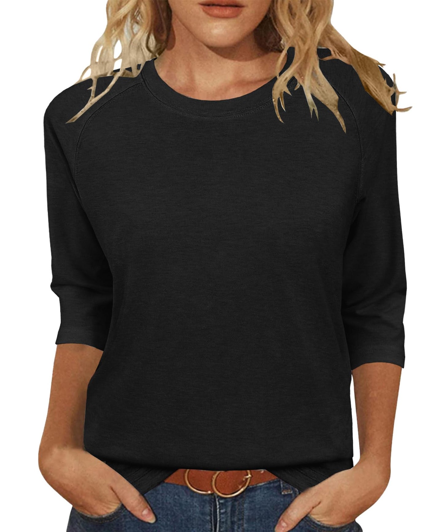 JomeDesign Womens Tops 3/4 Sleeve Crew Neck T-Shirts Dressy Casual Tunic Blouses Black