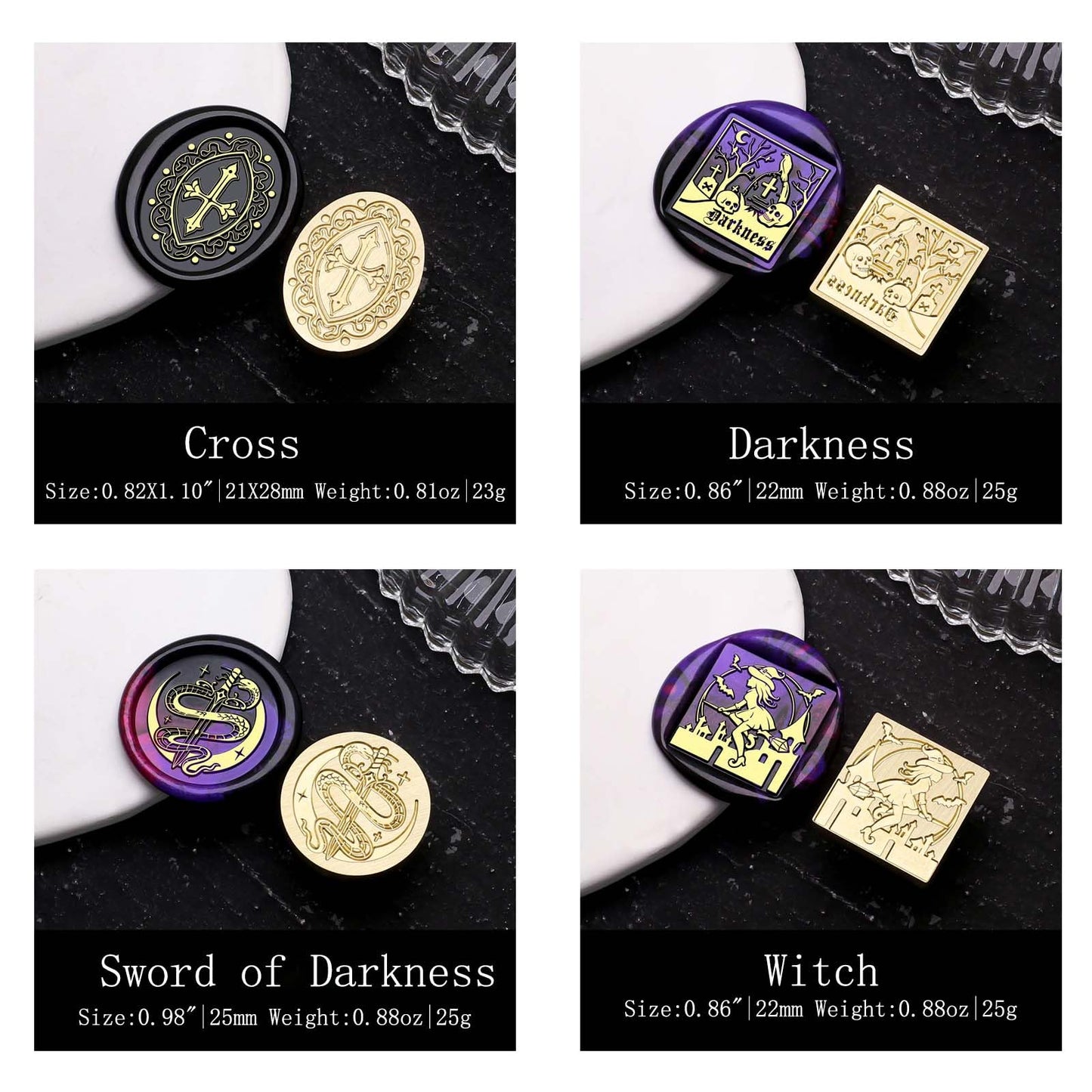 Halloween Wax Seal Stamp Kit - 4Pcs Wiccan Series Sealing Wax Stamps (Bat Witch, Crow's Graveyard, Jesus Cross, Snake Sword Moon)