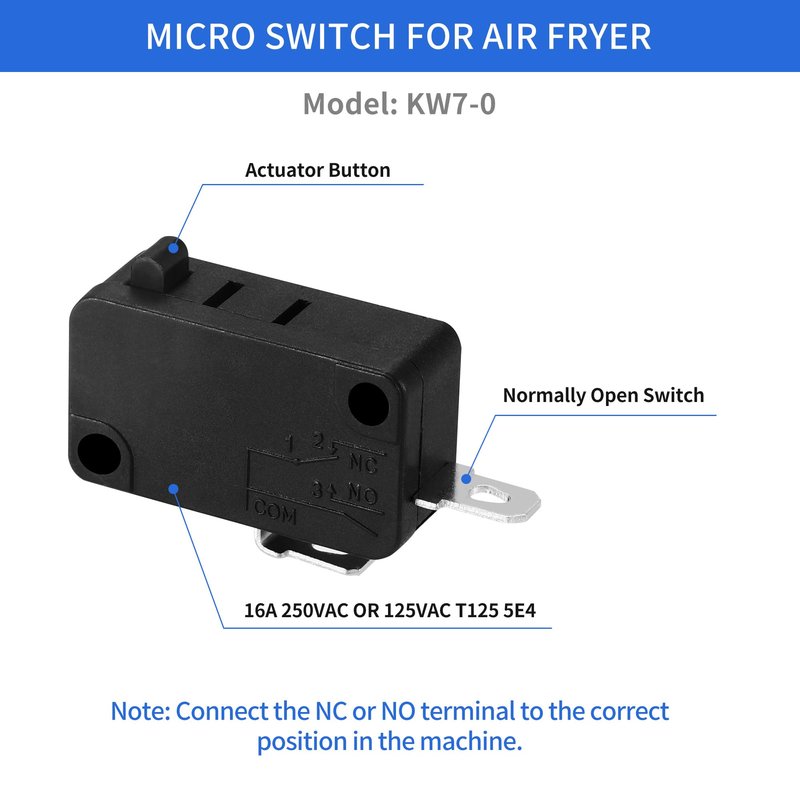 2 Packs Micro Switch KW7-0, Fit for Air Fryer XL Power XL Vortex Air Fryer, Normally Open 3 Pins 1NO 1NC Microswitches for Microwave Oven Welding Gun Induction Cooker, 16A 125V/250V