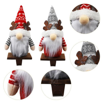 Aoutrow 2 Pack Christmas Gnome Stocking Holders, 11 Inches Plush Elk Gnomes Figurines Hanging Hooks for Stockings, Metal Stocking Hangers for Fireplace, Mantle, Shelves Christmas Decorations