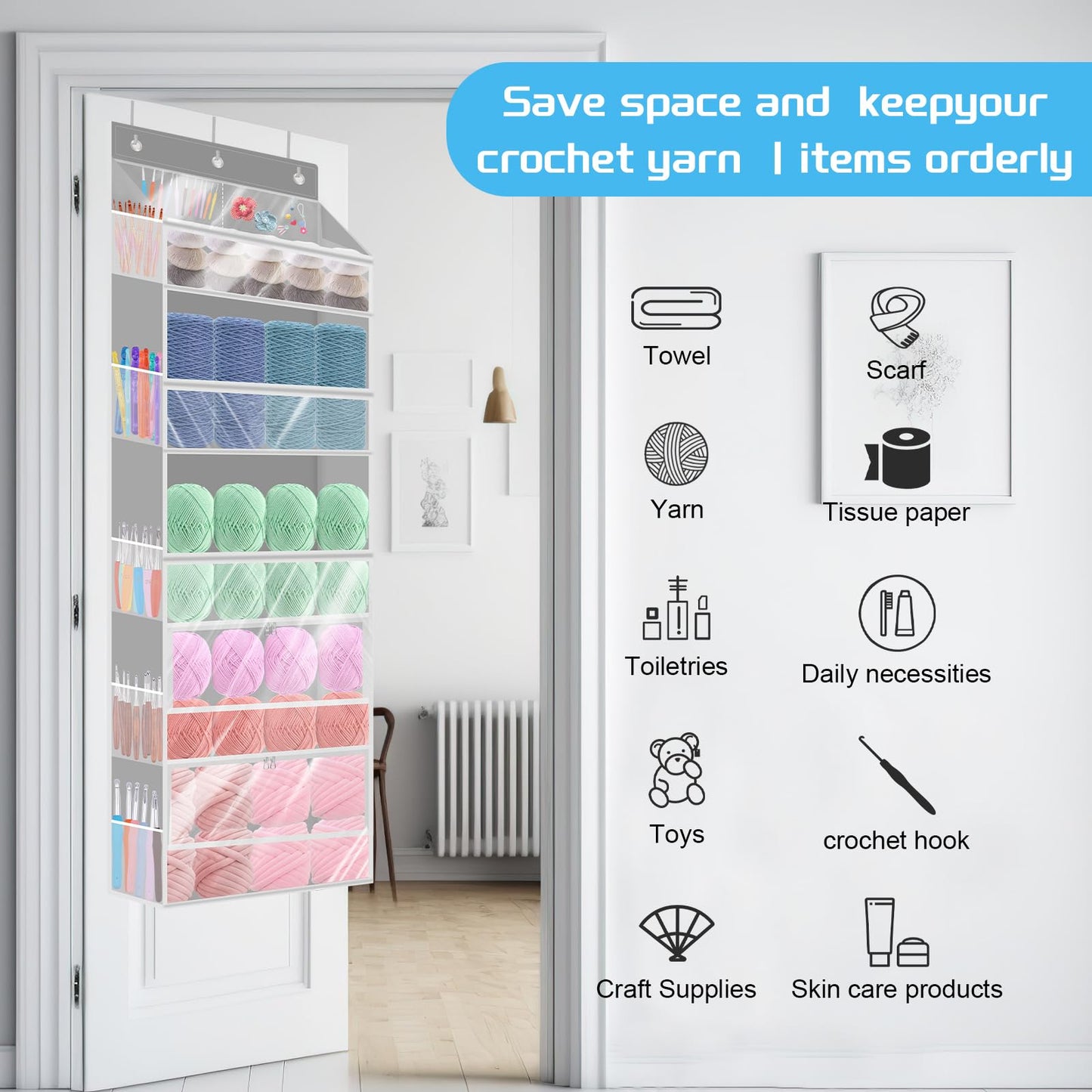 Mdoker Hanging Yarn Storage Organizer with Zippered Closure Compartments Large Capacity Crochet Storage Organizer,Transparent Over the Door Hanging Bag for Knitting Supplies
