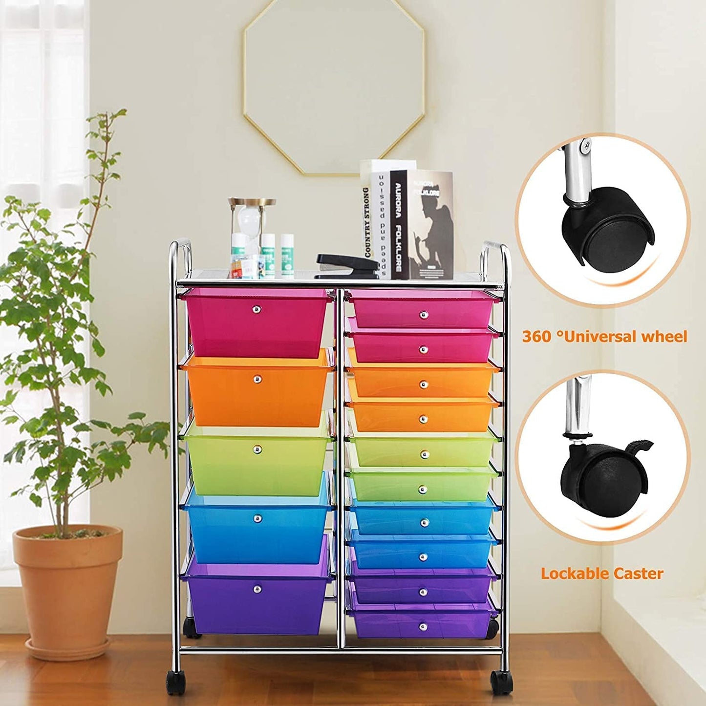 MEDIMALL 15 Drawers Rolling Storage Cart, Multipurpose Craft Storage Cart with Wheels, Mobile Tools Scrapbook Paper Organizer Cart for School Home Office Use (Rainbow)