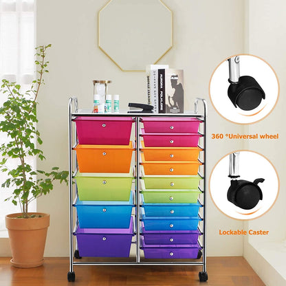 MEDIMALL 15 Drawers Rolling Storage Cart, Multipurpose Craft Storage Cart with Wheels, Mobile Tools Scrapbook Paper Organizer Cart for School Home Office Use (Rainbow)