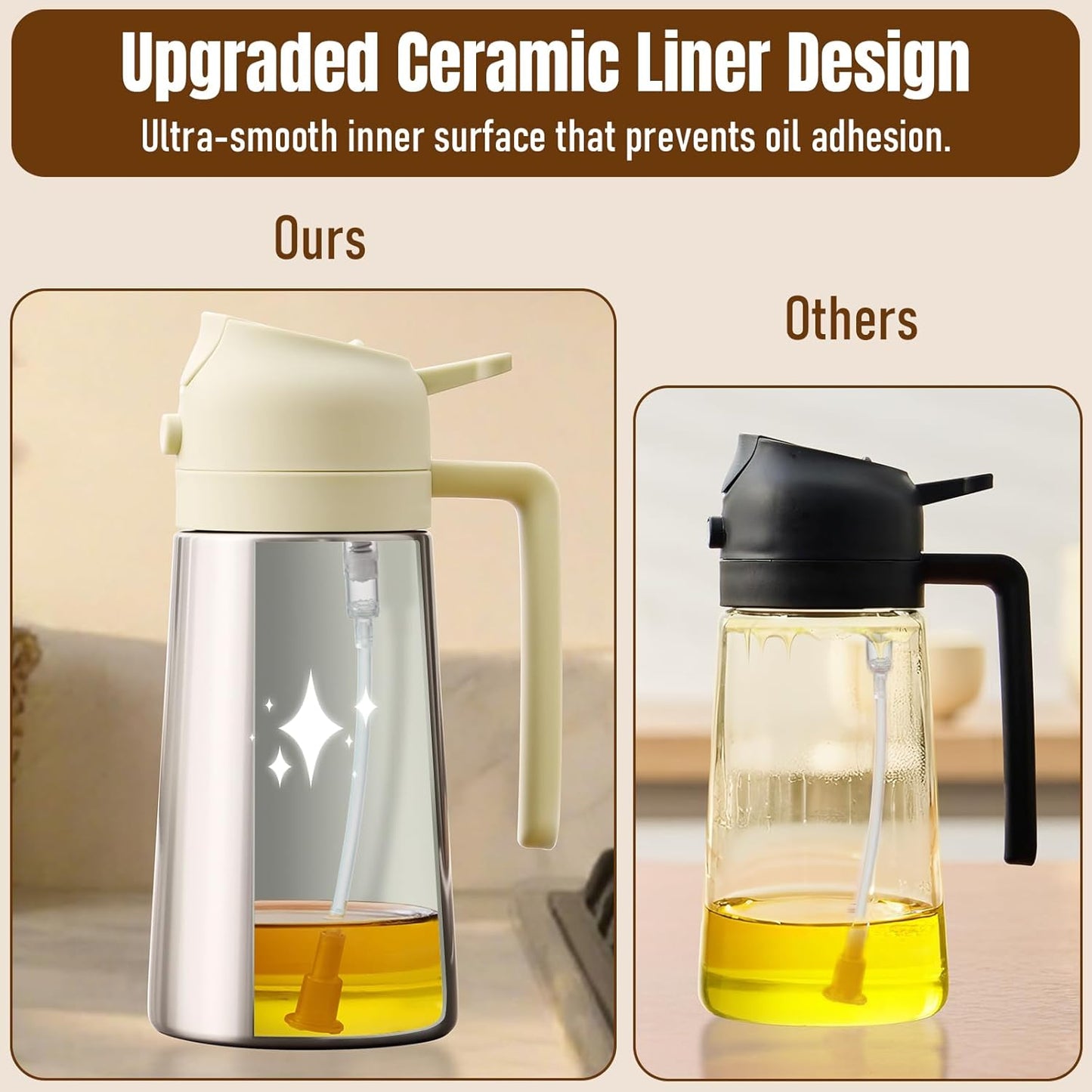 2 1 PARACITY Oil Dispenser Bottle with Stainless Steel Shell & Ceramic Sprayed Interior, in Olive Oil Sprayer