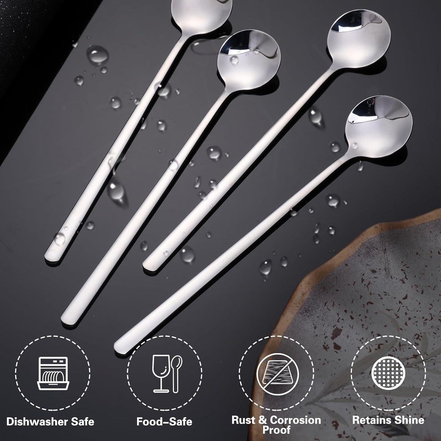 Long Ice Tea Spoons, 6.7 Inch Stirring Spoons, Silver Coffee Cocktail Spoon for Stirring Ice Cream, 4 Pack