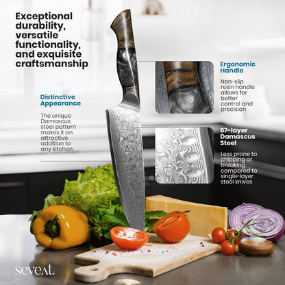 Seveat Damascus Kitchen Knife Set | 67-Layer Damascus Steel | Professional Japanese Chef Knife Set | Ergonomic Wood & Resin Handle | Gift Box Included (Black, 5-Piece Set)