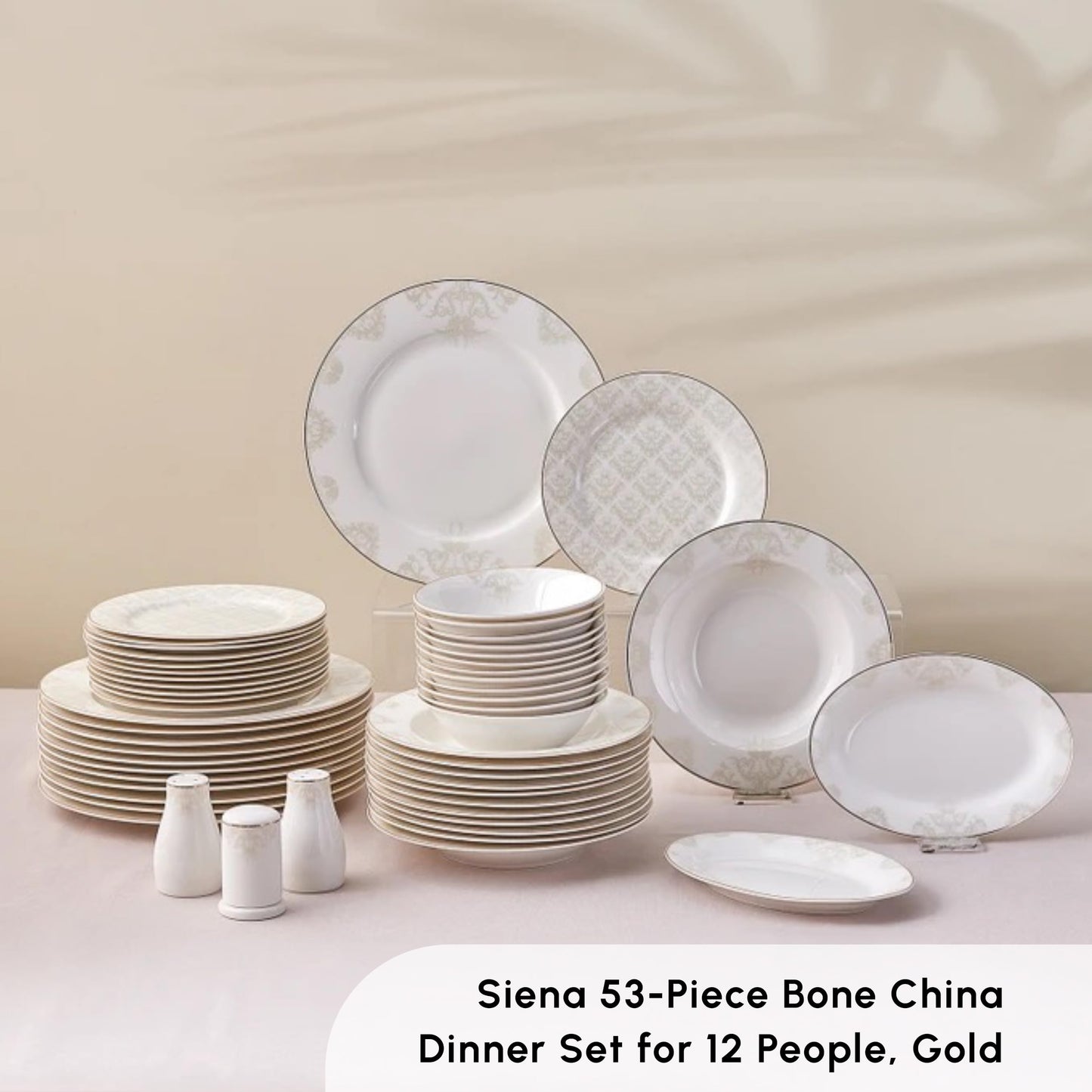 Karaca Siena 53-Piece Porcelain Plates and Bowls Set with Dinner & Dessert Plates, Shakers - Bone China Dishware Sets - Kitchen Dinnerware Set for 12 People