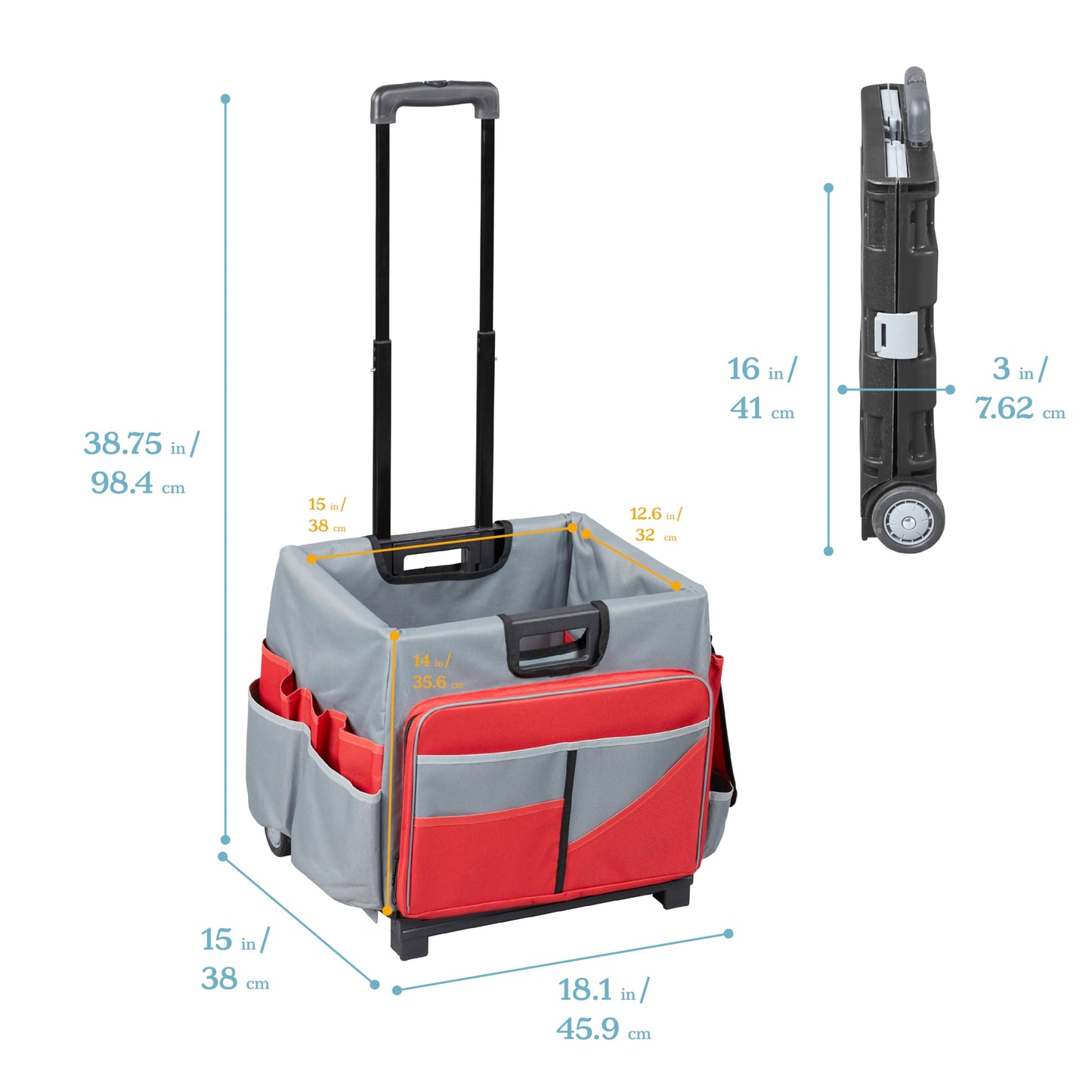 ECR4Kids Universal Rolling Cart with Canvas Organizer Bag, Mobile Storage, Red/Grey
