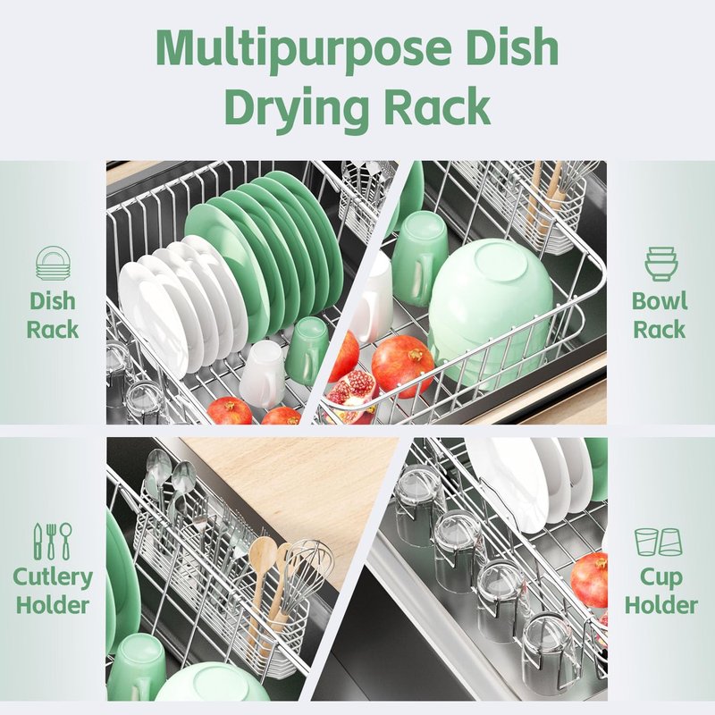 Fanbsy Dish Drying Rack in Sink, Extendable Stainless Steel Dish Drainers for Kitchen Counter, Anti-Rust Dish Dryer Rack with Utensil & Cup Holders, for Inside Sink, Over The Sink