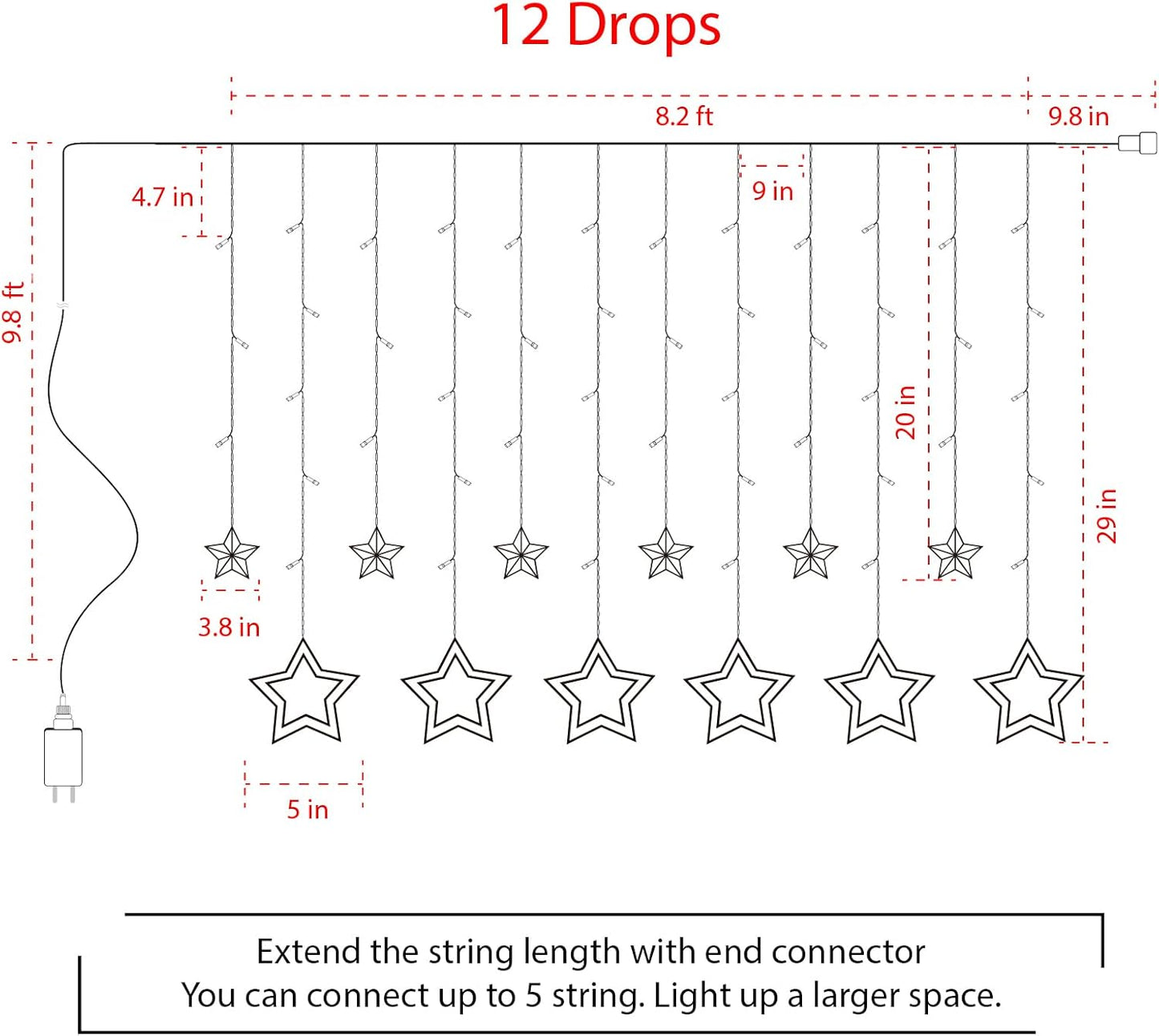 Star Curtain Lights for Bedroom - 9ft Plug-in 138 LED Fairy Twinkle Lights with Remote & 12 Star Drops