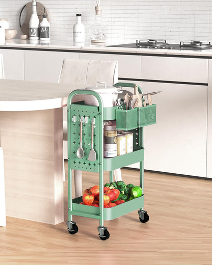 ALVOROG 3 Tier Rolling Cart with DIY Pegboards Metal Utility Cart with Wheels Handles Baskets Hooks, Storage Cart for Office Kitchen Bathroom(Green)
