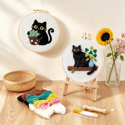 BEUNITONE 2PCS Cat Punch Needle Kit for Adults Beginners, Complete Craft Embroidery Needlepoint Kits with Hoop and Instructions, Punch Needle Starter Craft Set for Home Decor, Festival Gift 20x20cm