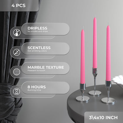 CANDWAX 10 inch Pink Taper Candles Set of 4 - Unscented Smokeless Dripless Tall Candle Sticks - Perfect as Easter Candles and for Holidays, Ordinary Dinners and Special Occasions - Pink Candlesticks